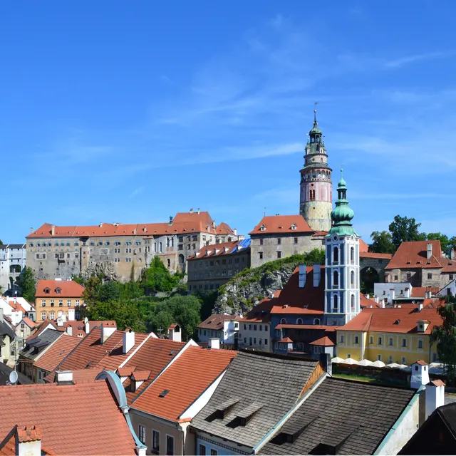Panorama of Český Krumlov with the castle tower and the old town roofs