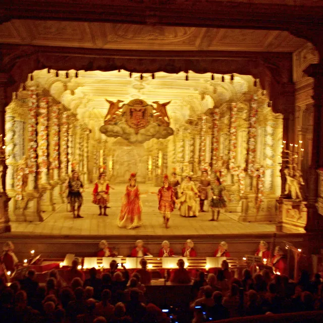 A performance on the Baroque Theatre stage at Český Krumlov with original painted flats
